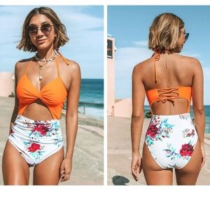 Orange Floral Lace-up Halter Tummy Control One Piece Swimsuit
